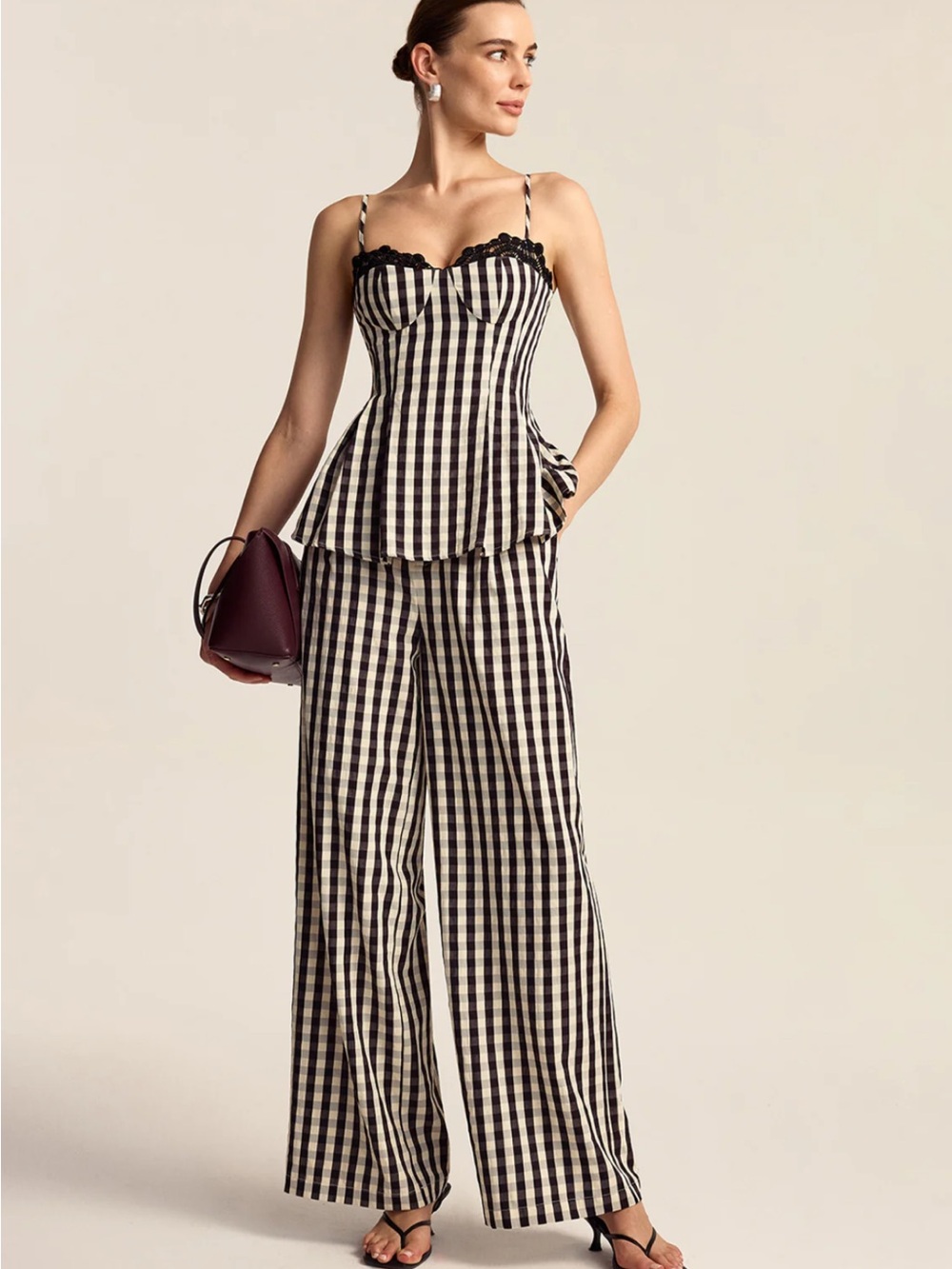 Commense Gingham Spaghetti Strap Peplum Top with Lace Trim Size Small NWT - Picture 3 of 8